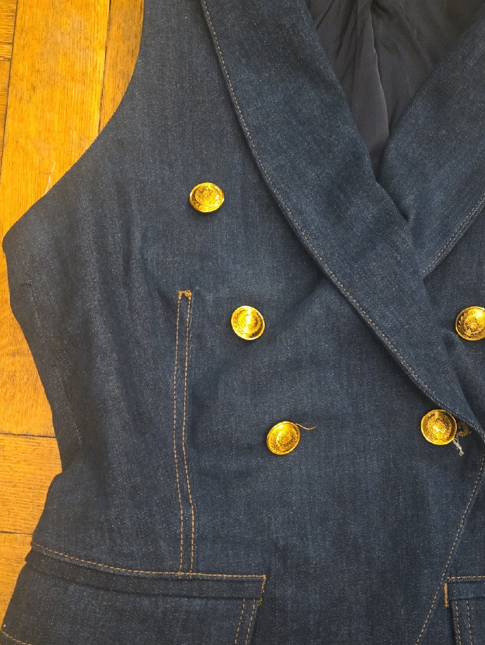 White House Black Market Dark Blue Denim Sleeveless Vest with Gold Buttons - Picture 8 of 11